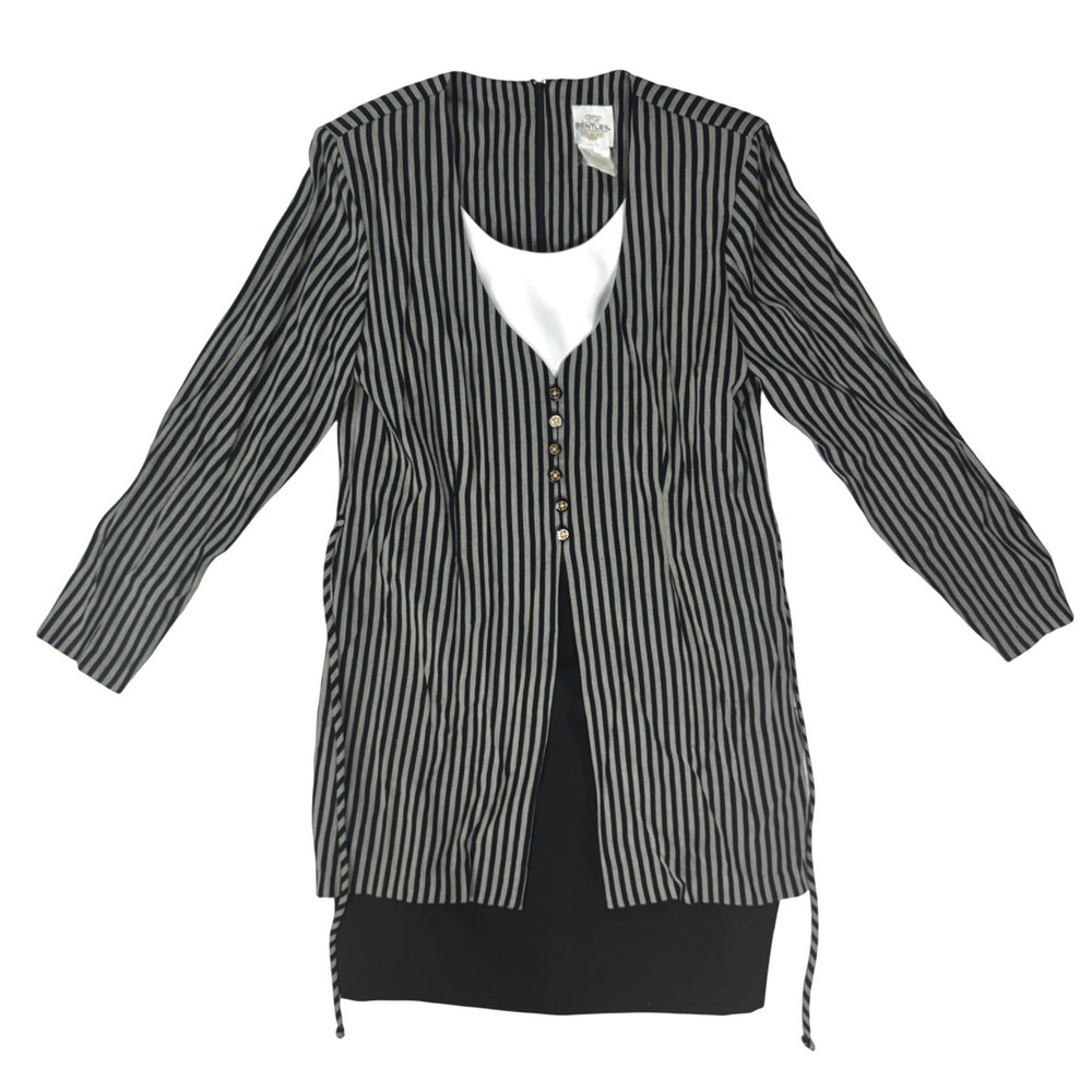 TR Bentley Vintage Striped Layered Look Dress Black Grey Gold Button 128H